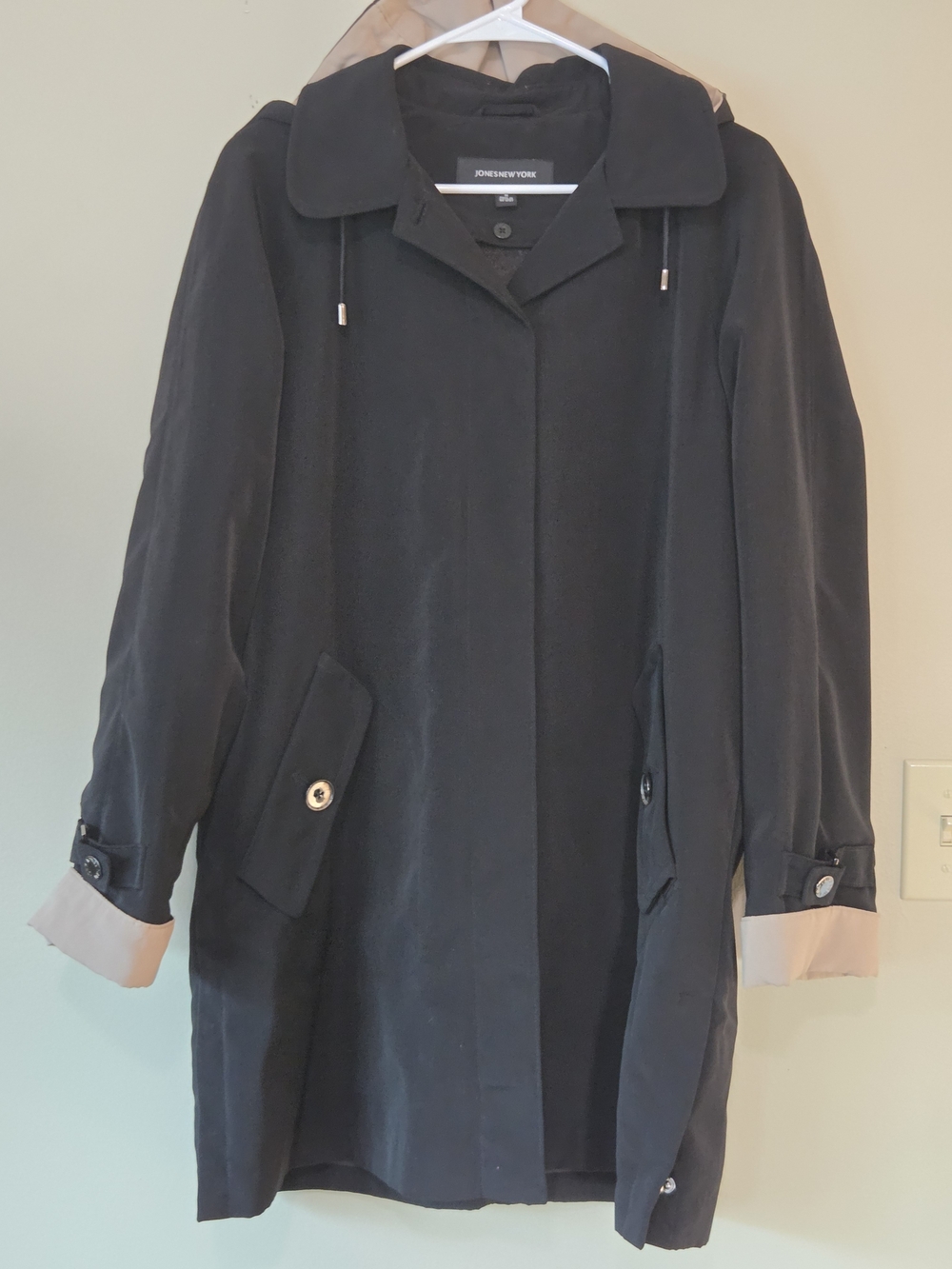 Jones New York Black Hooded Trench Coat Wool Blend Lined Womenโs M